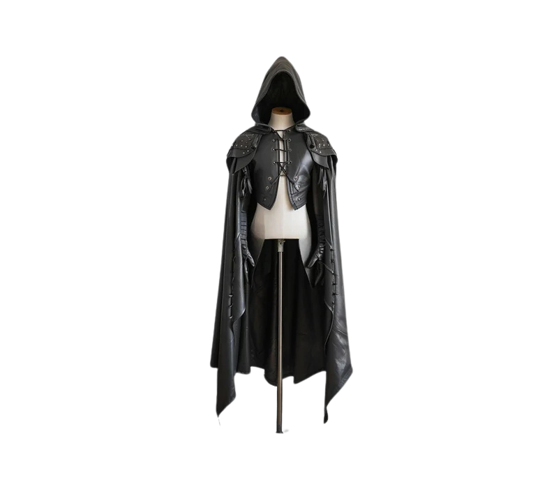 The Dark Warden - Pure Black Leather Medieval Hooded Cloak - Leather Cloak With Vest For Cosplay - Hooded Cloak Leather Gift For Men