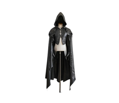 The Dark Warden - Pure Black Leather Medieval Hooded Cloak - Leather Cloak With Vest For Cosplay - Hooded Cloak Leather Gift For Men