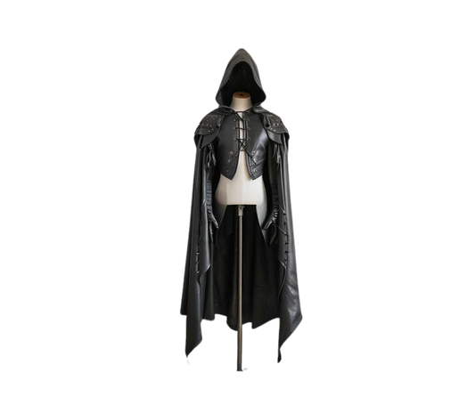 The Dark Warden - Pure Black Leather Medieval Hooded Cloak - Leather Cloak With Vest For Cosplay - Hooded Cloak Leather Gift For Men