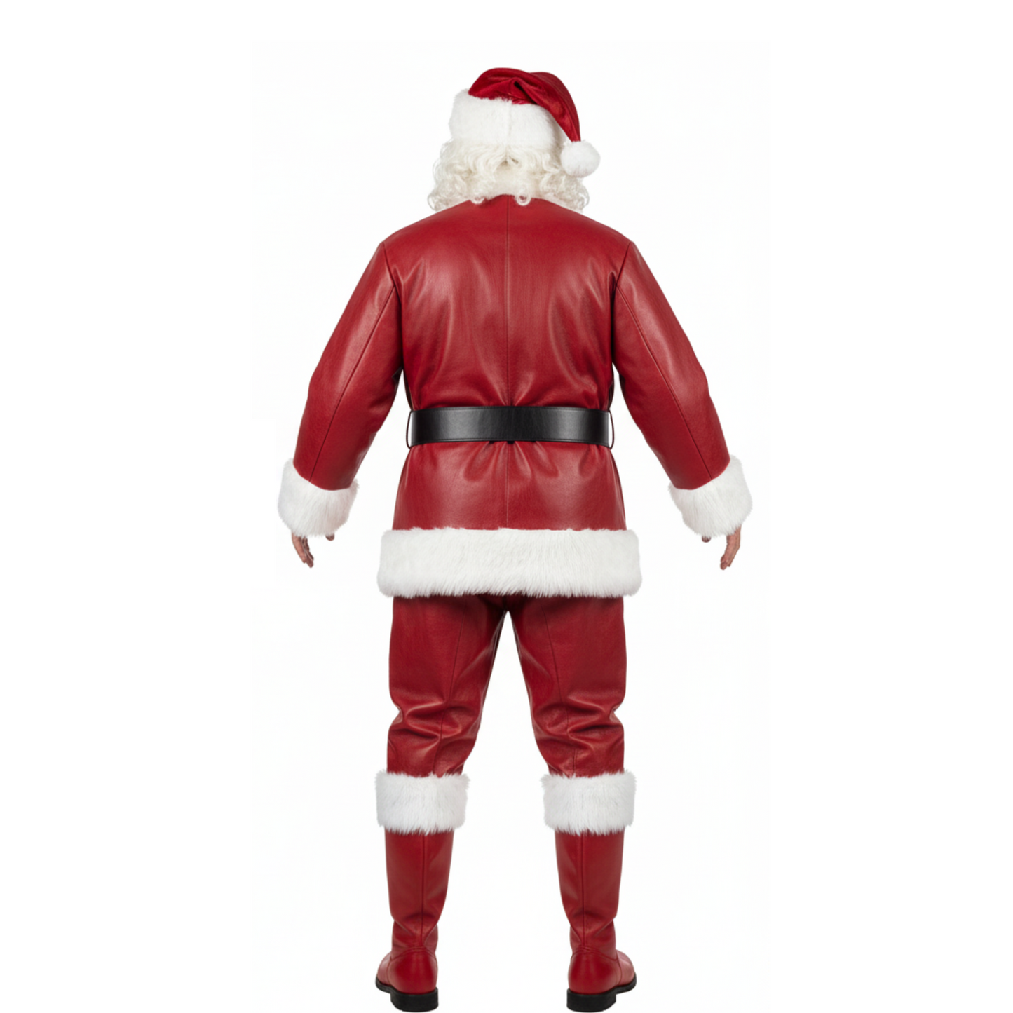 Deluxe Santa Claus Red Leather Costume: Fur Trim Coat, Pants & Cap