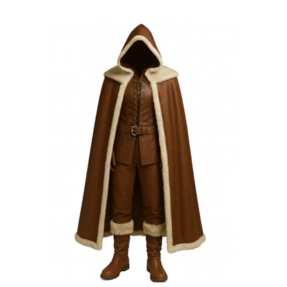 Frostland Tracker Fur Cloak Costume Set - Brown Medieval Hooded Cloak - Leather Medieval Cloak with Vest For Cosplay - LARP & Cosplay Outfit