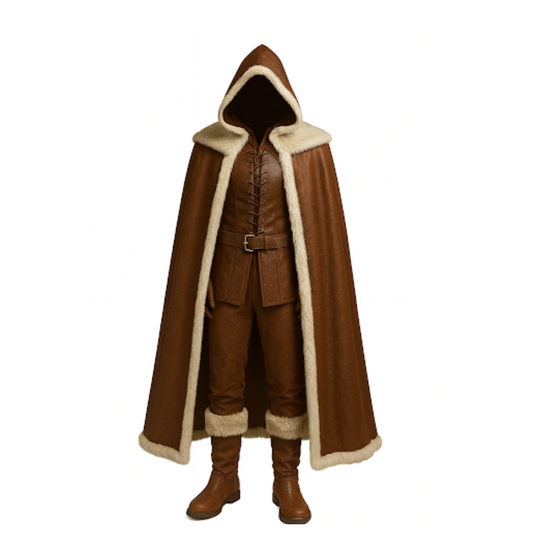 Frostland Tracker Fur Cloak Costume Set - Brown Medieval Hooded Cloak - Leather Medieval Cloak with Vest For Cosplay - LARP & Cosplay Outfit