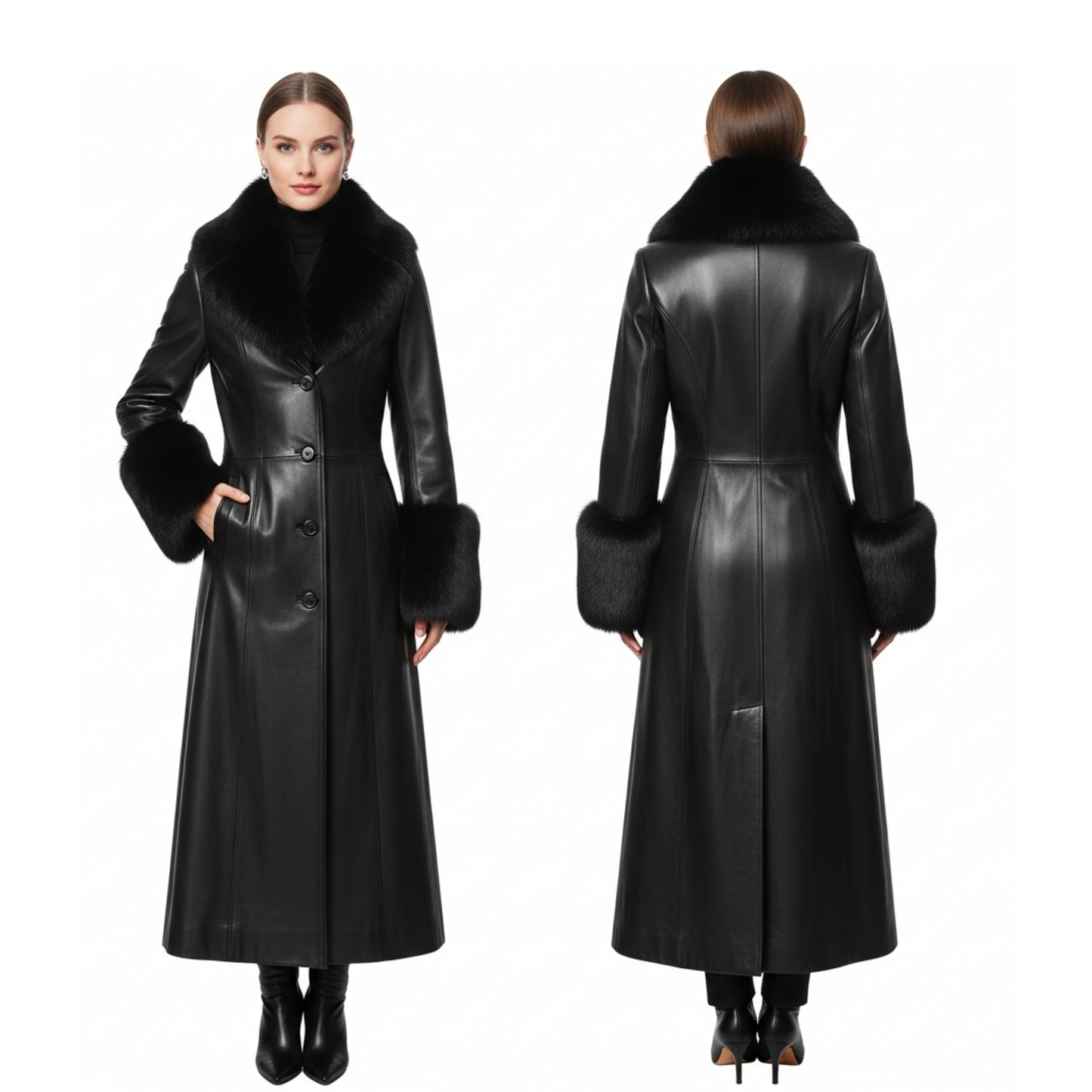 Fur Trim Black Leather Coat - Full Length Gothic Winter Outerwear