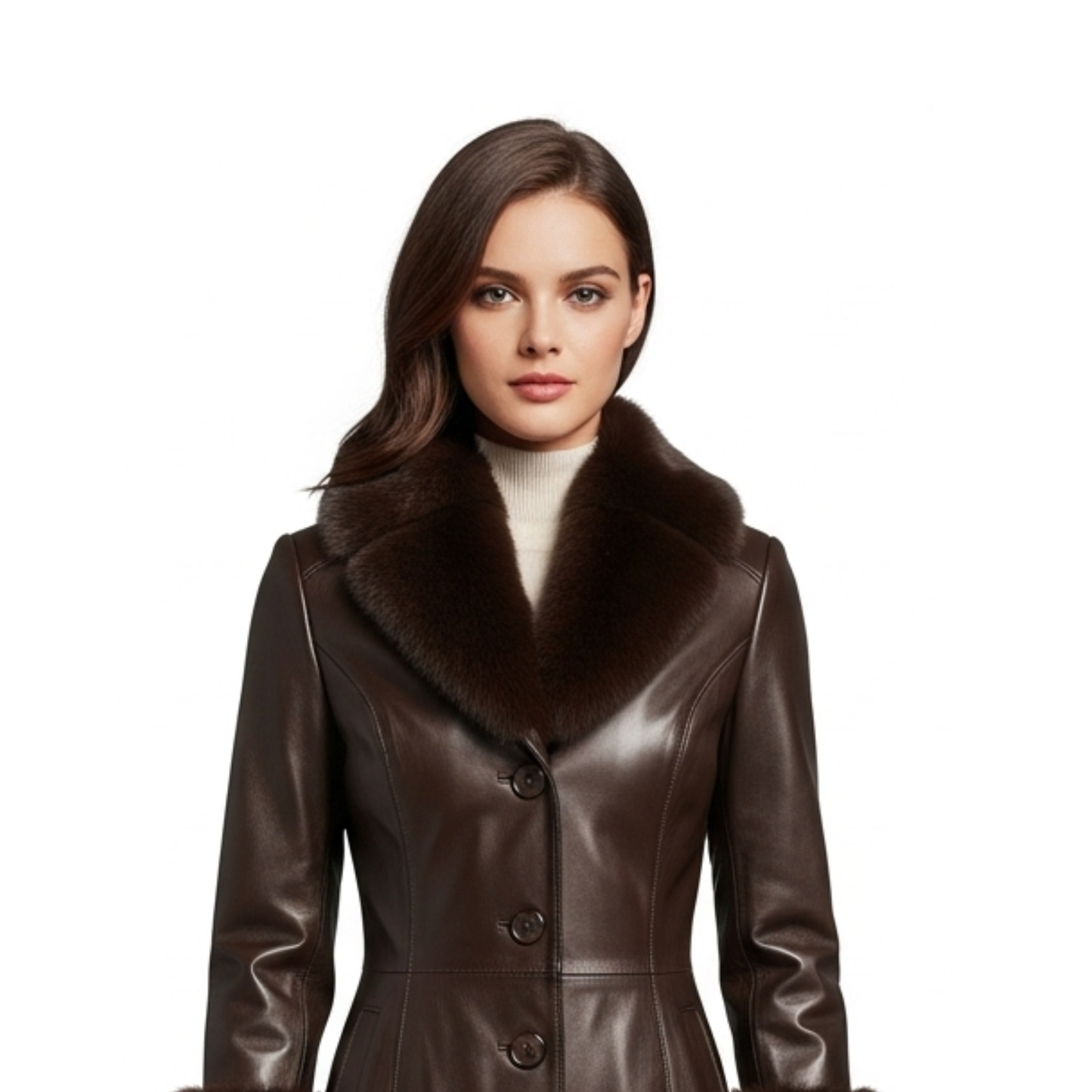 Handmade Brown Leather Long Coat – Fur Collar & Cuffs, Winter Outerwear