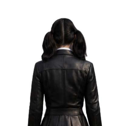Handmade Gothic Leather Dress – Wednesday-Inspired School Style Black Outfit for Halloween & Gothic Cosplay