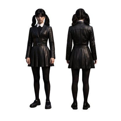 Handmade Gothic Leather Dress – Wednesday-Inspired School Style Black Outfit for Halloween & Gothic Cosplay