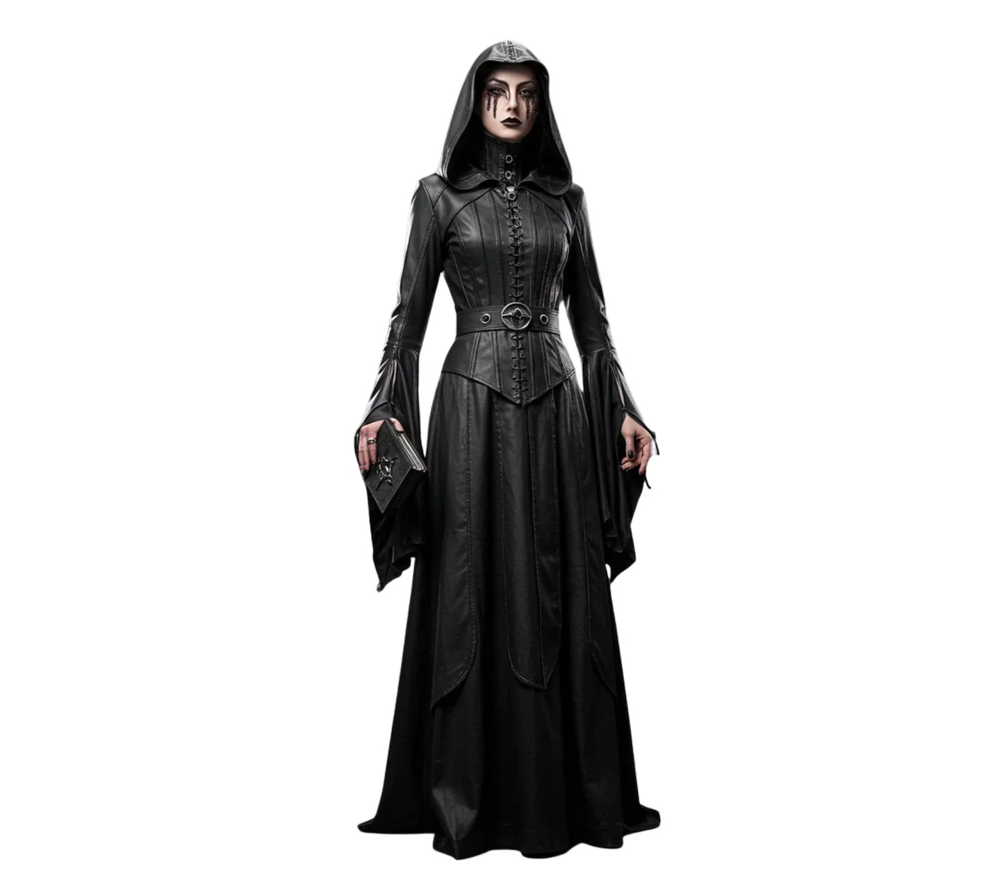 Handmade Ritual Huntress Gothic Leather Robe with Hood – Witch Costume for Halloween - Gothic Fantasy Dress - Evil Queen Cosplay Robe