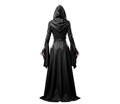 Handmade Ritual Huntress Gothic Leather Robe with Hood – Witch Costume for Halloween - Gothic Fantasy Dress - Evil Queen Cosplay Robe