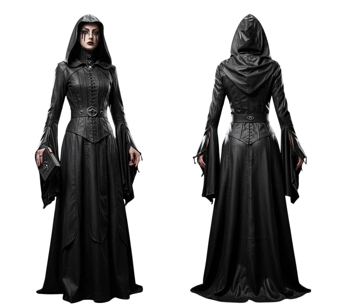 Handmade Ritual Huntress Gothic Leather Robe with Hood – Witch Costume for Halloween - Gothic Fantasy Dress - Evil Queen Cosplay Robe