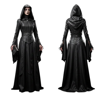 Handmade Ritual Huntress Gothic Leather Robe with Hood – Witch Costume for Halloween - Gothic Fantasy Dress - Evil Queen Cosplay Robe