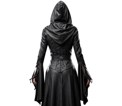 Handmade Ritual Huntress Gothic Leather Robe with Hood – Witch Costume for Halloween - Gothic Fantasy Dress - Evil Queen Cosplay Robe