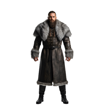 Handmade Viking Leather Fur Coat - Long Leather Men Coat for LARP - Renaissance Fair Cosplay Costume - Gift for Him