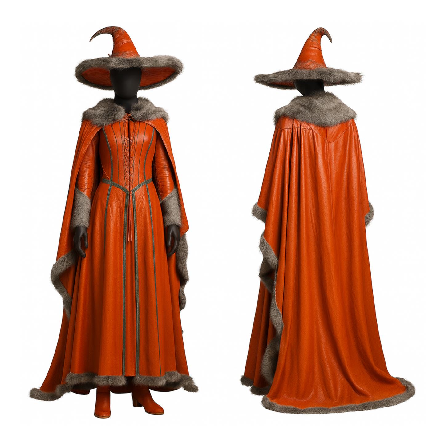 Harvest Witch Costume – Leather-Look Cloak & Hat, Gothic Halloween Outfit