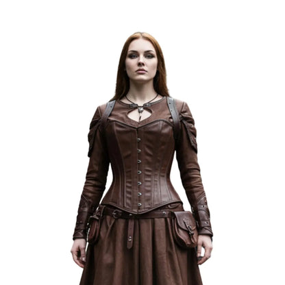 The Huntress of Thornevale - Handcrafted Medieval Dress - Women Renaissance Outfit - Brown Leather Corset and Skirt , LARP Cosplay - Viking Woman Costume