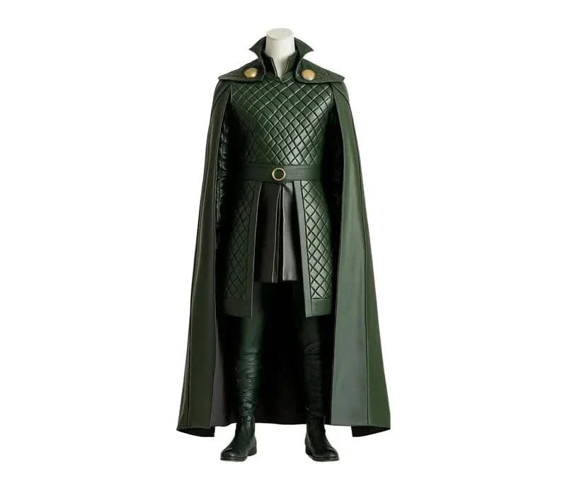 The Trickster King - Green Leather Loki Odin Cosplay Costume - Superhero Quilted Cloak With Vest - Festival Outfit - Halloween Costume