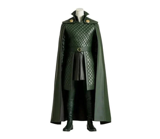 The Trickster King - Green Leather Loki Odin Cosplay Costume - Superhero Quilted Cloak With Vest - Festival Outfit - Halloween Costume