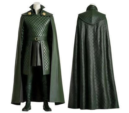 The Trickster King - Green Leather Loki Odin Cosplay Costume - Superhero Quilted Cloak With Vest - Festival Outfit - Halloween Costume