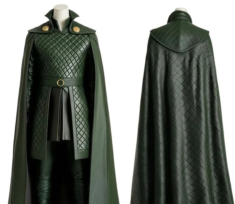 The Trickster King - Green Leather Loki Odin Cosplay Costume - Superhero Quilted Cloak With Vest - Festival Outfit - Halloween Costume