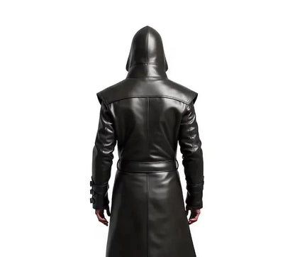 The Ghost Walker - Black Leather Creed Inspired Hooded Coat - Steampunk Long Coat For Cosplay - Winter Medieval Cosplay Overcoat