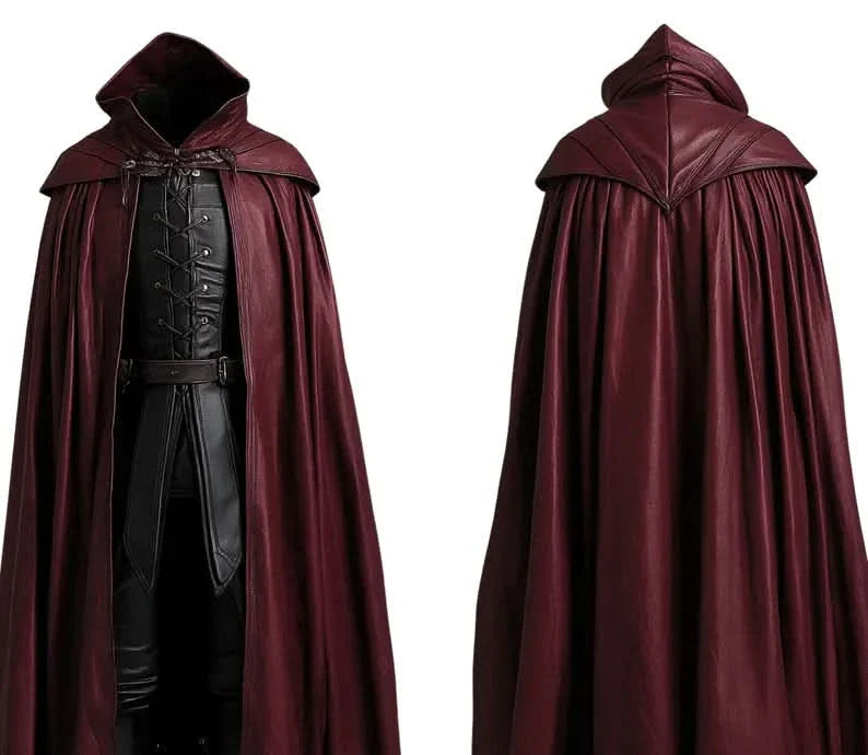 The Blood Reaver - Handmade Pure Leather Dracula Themed Cloak With Black Vest For Costume - Vampire Devil Costume Cloak For Men