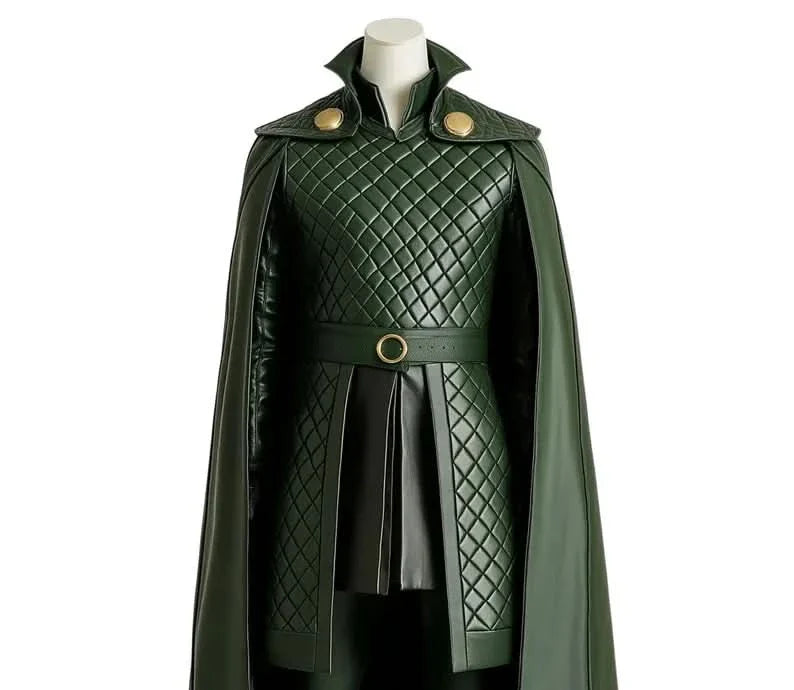The Trickster King - Green Leather Loki Odin Cosplay Costume - Superhero Quilted Cloak With Vest - Festival Outfit - Halloween Costume
