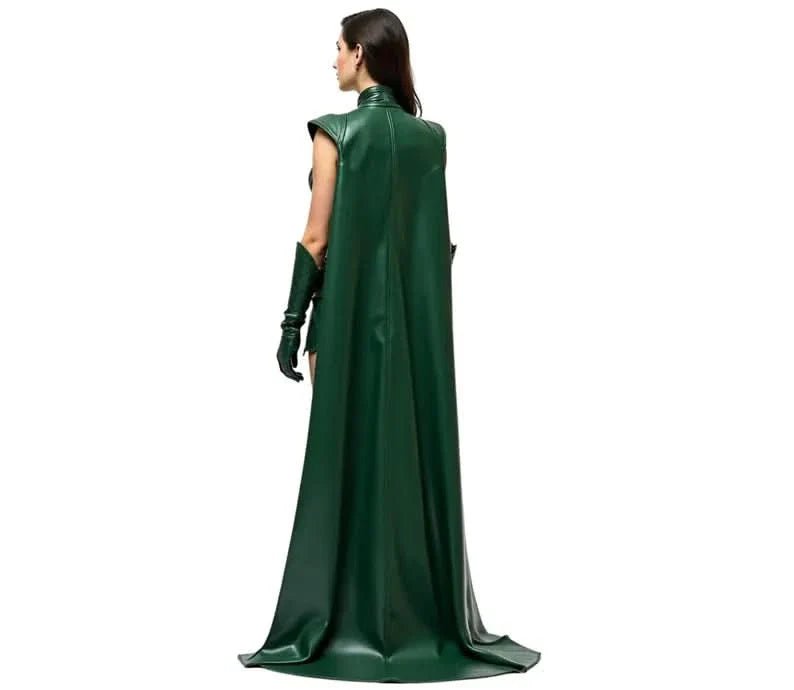 The Enchantress of Fate, Green Leather Female Loki Odin Inspired Costume, Superhero Cloak With Top - Festival Outfit, Halloween Costume