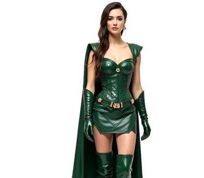 The Enchantress of Fate, Green Leather Female Loki Odin Inspired Costume, Superhero Cloak With Top - Festival Outfit, Halloween Costume