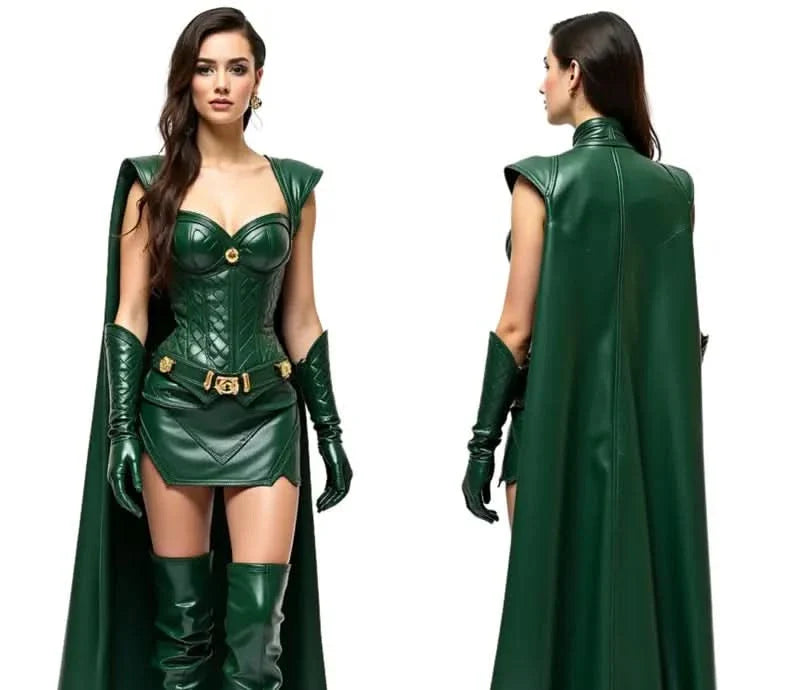 The Enchantress of Fate, Green Leather Female Loki Odin Inspired Costume, Superhero Cloak With Top - Festival Outfit, Halloween Costume