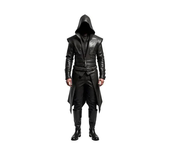The Ghost Walker - Black Leather Creed Inspired Hooded Coat - Steampunk Long Coat For Cosplay - Winter Medieval Cosplay Overcoat