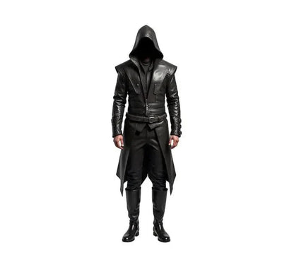 The Ghost Walker - Black Leather Creed Inspired Hooded Coat - Steampunk Long Coat For Cosplay - Winter Medieval Cosplay Overcoat