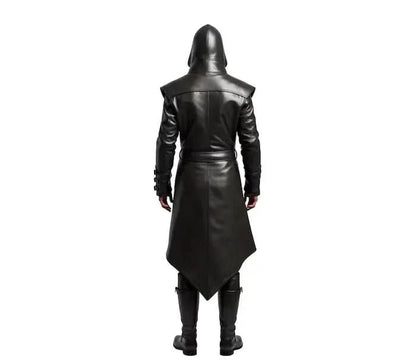 The Ghost Walker - Black Leather Creed Inspired Hooded Coat - Steampunk Long Coat For Cosplay - Winter Medieval Cosplay Overcoat