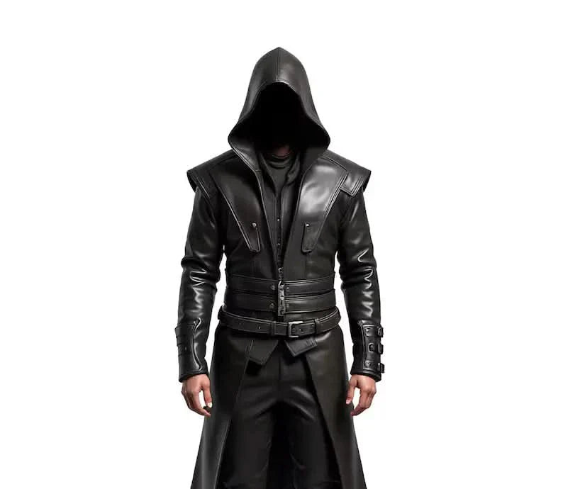 The Ghost Walker - Black Leather Creed Inspired Hooded Coat - Steampunk Long Coat For Cosplay - Winter Medieval Cosplay Overcoat