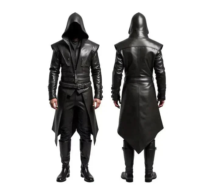 The Ghost Walker - Black Leather Creed Inspired Hooded Coat - Steampunk Long Coat For Cosplay - Winter Medieval Cosplay Overcoat