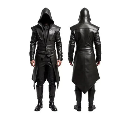 The Ghost Walker - Black Leather Creed Inspired Hooded Coat - Steampunk Long Coat For Cosplay - Winter Medieval Cosplay Overcoat