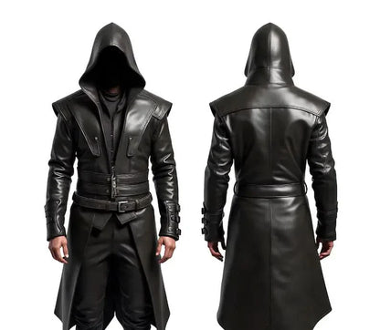 The Ghost Walker - Black Leather Creed Inspired Hooded Coat - Steampunk Long Coat For Cosplay - Winter Medieval Cosplay Overcoat