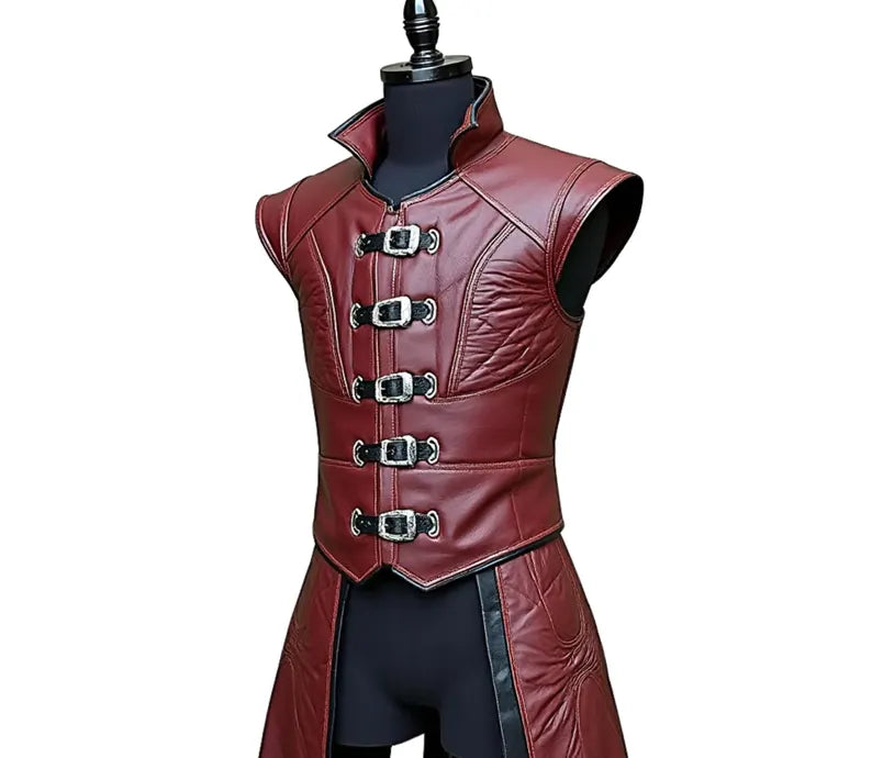 The Scarlet Phantom - Handmade Pure Red Leather Jerkin - Genuine Leather Medieval Renaissance Dress - Dungeons And Dragons Cosplay Costume