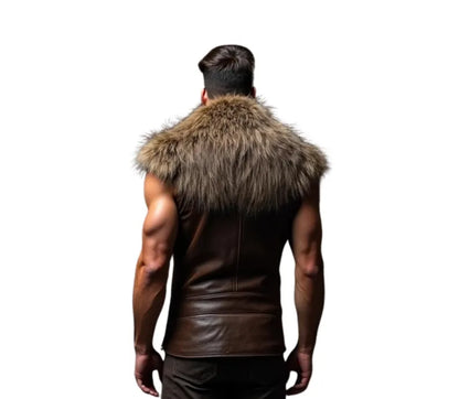 The Lone Alpha - Handmade Brown Leather Medieval Viking Vest - Cowhide Leather LARP Sleeveless Fur Vest -Leather Festival Outfit For Cosplay