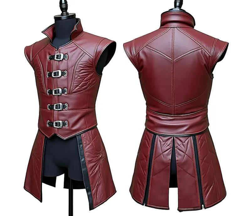 The Scarlet Phantom - Handmade Pure Red Leather Jerkin - Genuine Leather Medieval Renaissance Dress - Dungeons And Dragons Cosplay Costume