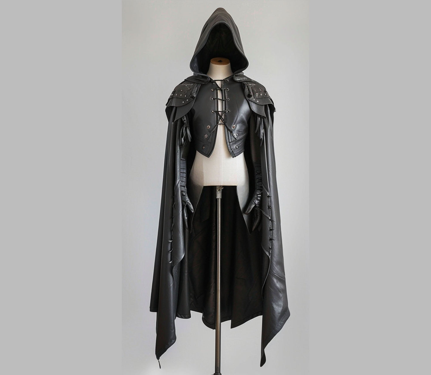 The Dark Warden - Pure Black Leather Medieval Hooded Cloak - Leather Cloak With Vest For Cosplay - Hooded Cloak Leather Gift For Men