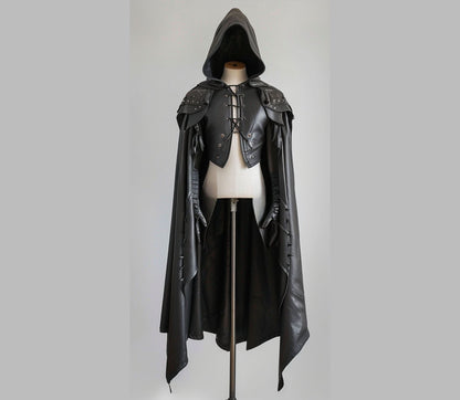 The Dark Warden - Pure Black Leather Medieval Hooded Cloak - Leather Cloak With Vest For Cosplay - Hooded Cloak Leather Gift For Men
