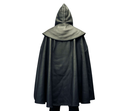 The Cloak of Silence, Black Leather Ritual Hooded Cloak, Handmade Viking Cosplay, For Druid, Sorcerer, Mage, Conjurer, Cleric, Priest