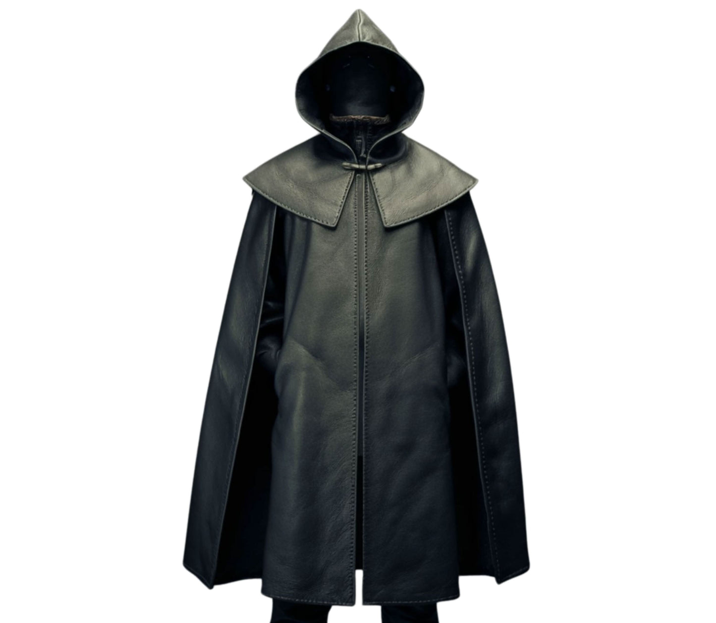 The Cloak of Silence, Black Leather Ritual Hooded Cloak, Handmade Viking Cosplay, For Druid, Sorcerer, Mage, Conjurer, Cleric, Priest