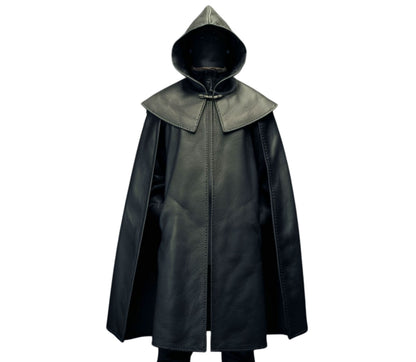 The Cloak of Silence, Black Leather Ritual Hooded Cloak, Handmade Viking Cosplay, For Druid, Sorcerer, Mage, Conjurer, Cleric, Priest