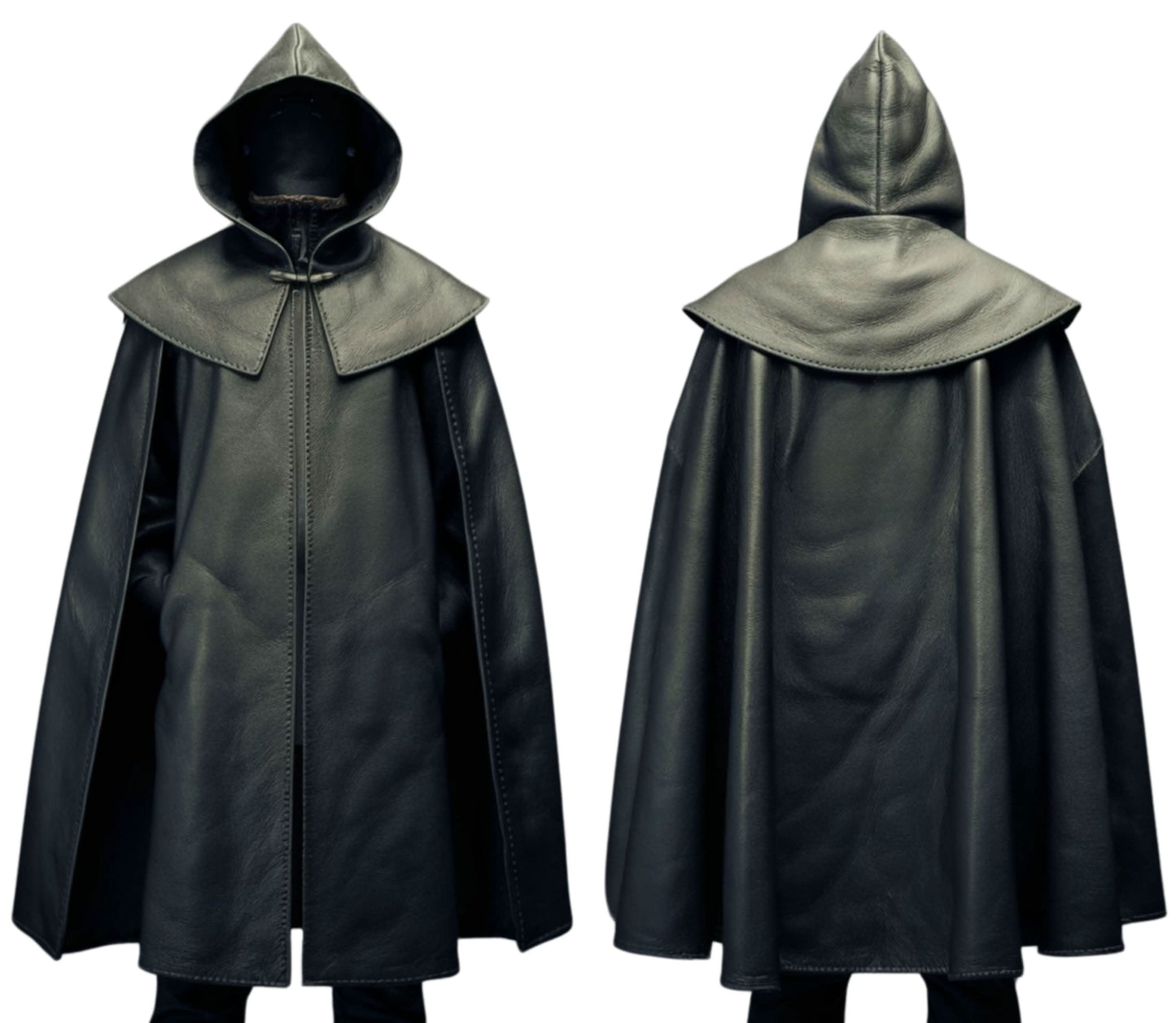 The Cloak of Silence, Black Leather Ritual Hooded Cloak, Handmade Viking Cosplay, For Druid, Sorcerer, Mage, Conjurer, Cleric, Priest