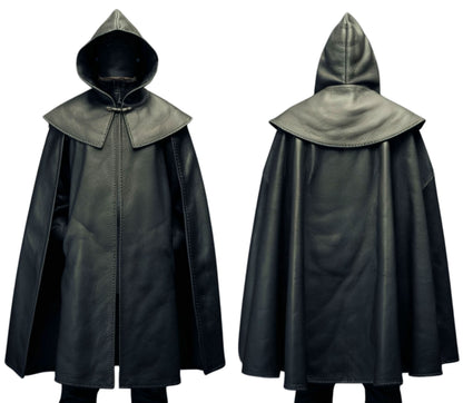 The Cloak of Silence, Black Leather Ritual Hooded Cloak, Handmade Viking Cosplay, For Druid, Sorcerer, Mage, Conjurer, Cleric, Priest