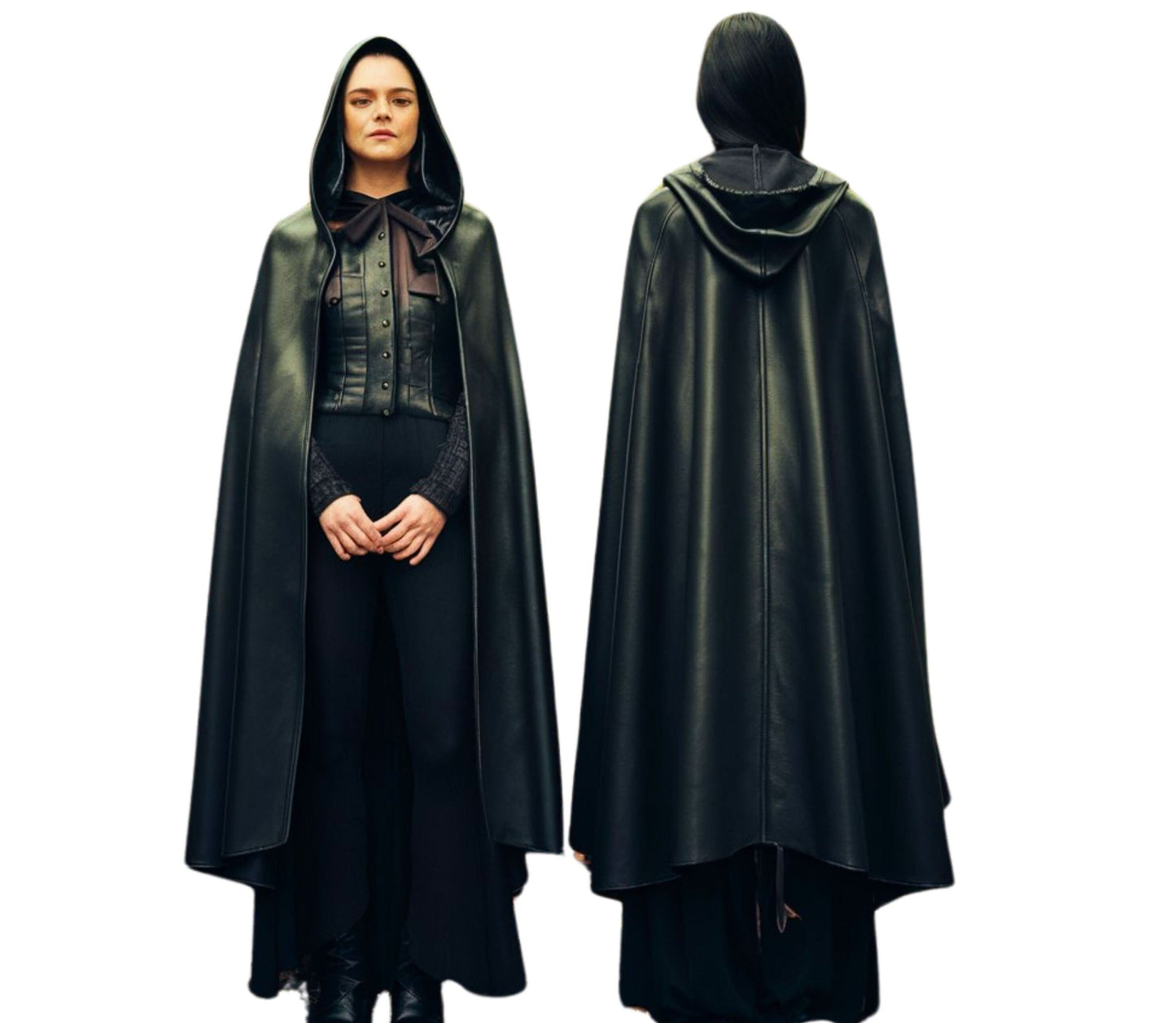 Mystic Ritual Shroud, Handmade Pure Black Leather Gothic Look Cloak, Leather Hooded Medieval Cloak, Black Unisex Cloak With Hood Gift
