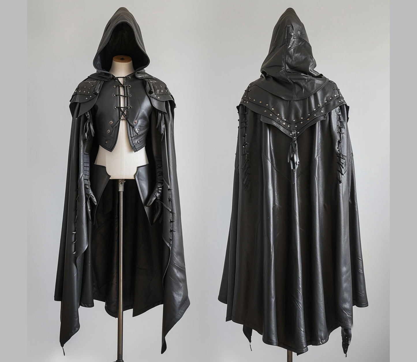 The Dark Warden - Pure Black Leather Medieval Hooded Cloak - Leather Cloak With Vest For Cosplay - Hooded Cloak Leather Gift For Men