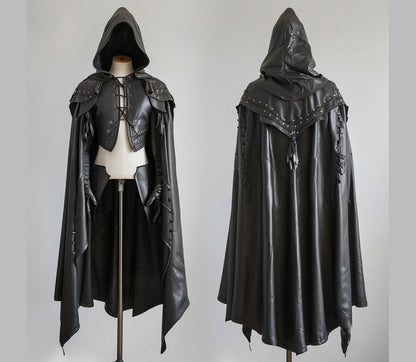 The Dark Warden - Pure Black Leather Medieval Hooded Cloak - Leather Cloak With Vest For Cosplay - Hooded Cloak Leather Gift For Men