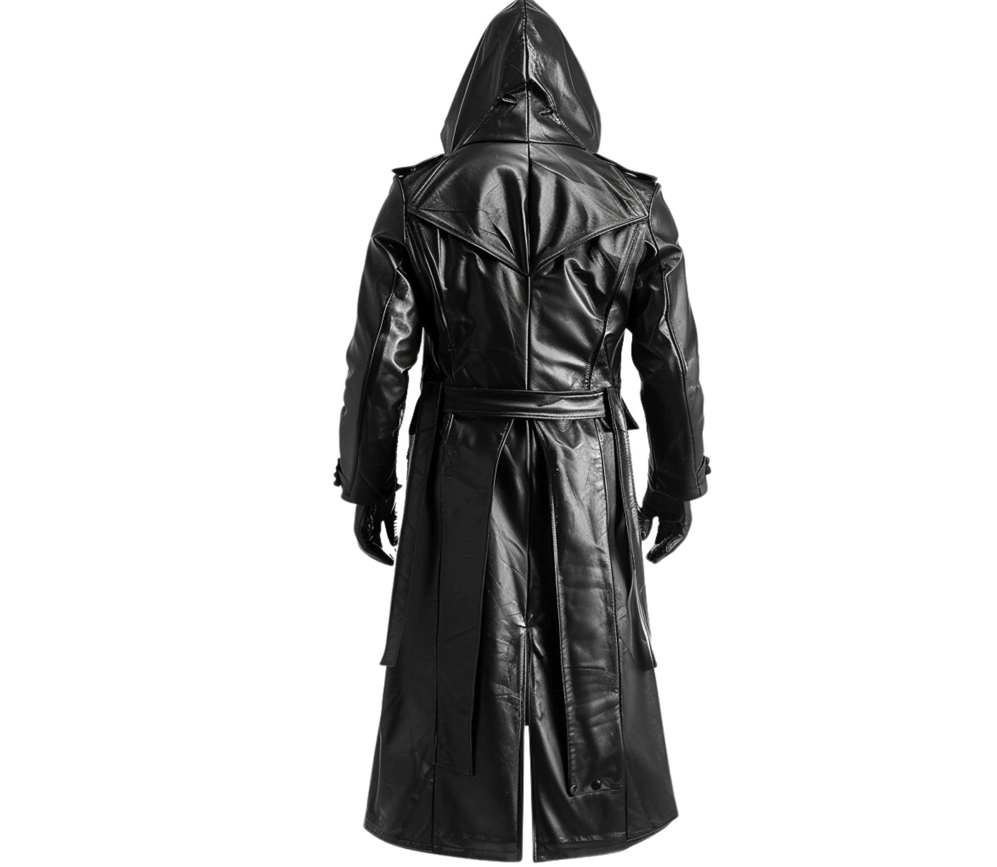 The Creed Hood - Handmade Black Leather Creed Hooded Coat For Cosplay - Long Gothic Trench Coat with Hood