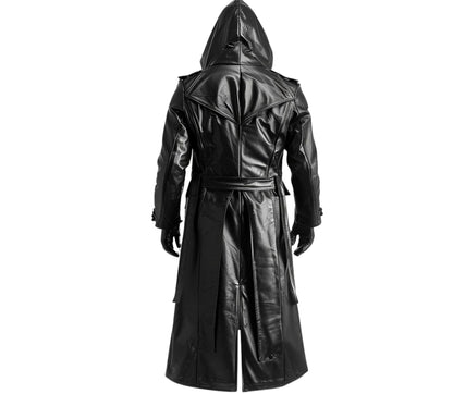 The Creed Hood - Handmade Black Leather Creed Hooded Coat For Cosplay - Long Gothic Trench Coat with Hood
